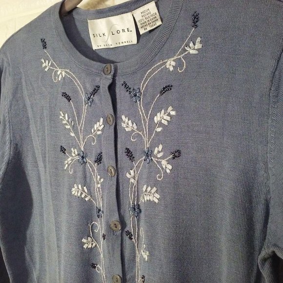 SILK LORE Cardigan Floral Bead Embellished Sz-M - Picture 4 of 11